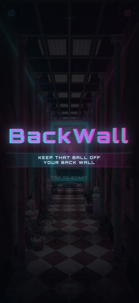 BackWall's title screen: a long hall with a chequered floor.
